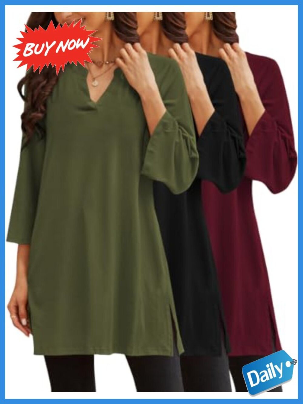 3 Pack Womens 3/4 Sleeve Tunic Tops Side Slit Loose Fit Blouses